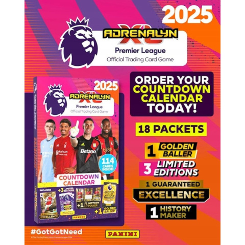 Kalendarz adwentowy zawartość Panini Premier League Adrenalyn XL 2025 Karty piłkarskie